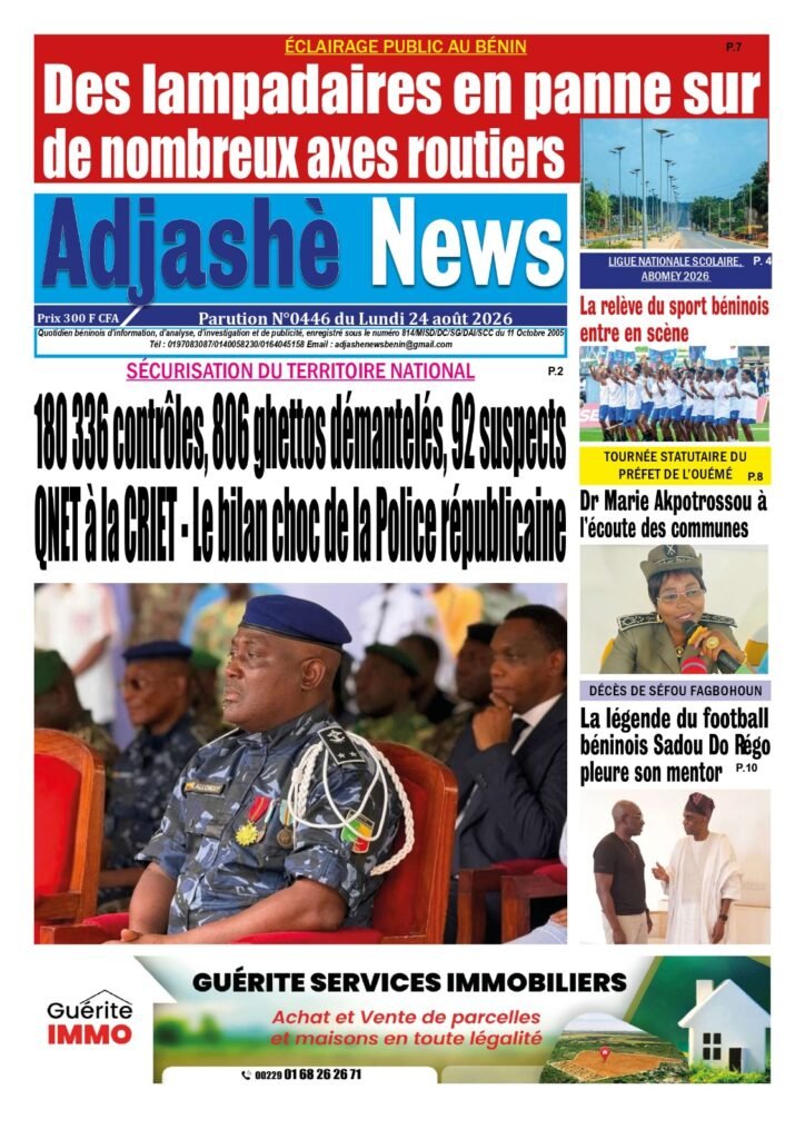 Une Adjashe News N446 24 aout 2026 Police republicaine 180336 controles QNET CRIET lampadaires en panne Benin