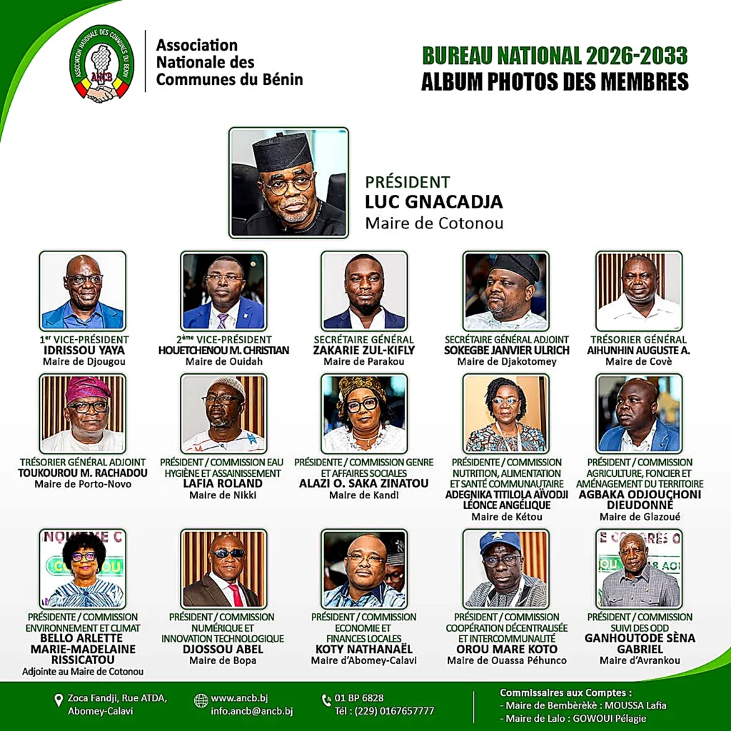 Album officiel des 16 membres du Bureau National ANCB 2026-2033 élu lors du 5ème congrès ordinaire - Président Luc Gnacadja Maire de Cotonou