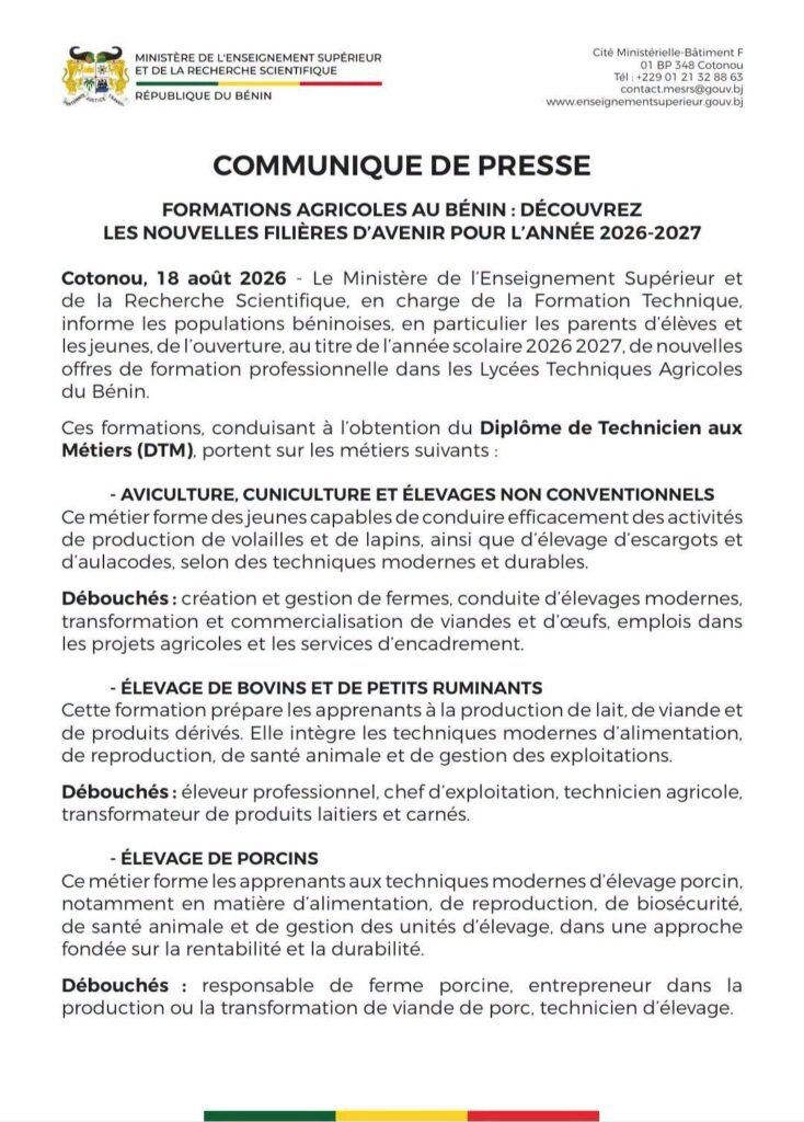 Communiqué formations agricoles Bénin 2026-2027