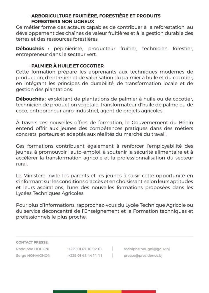 Formations agricoles Bénin débouchés arboriculture