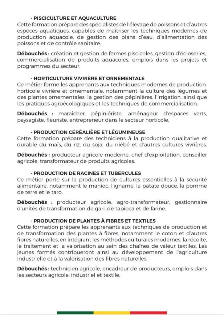 Liste nouvelles filières agricoles Bénin DTM