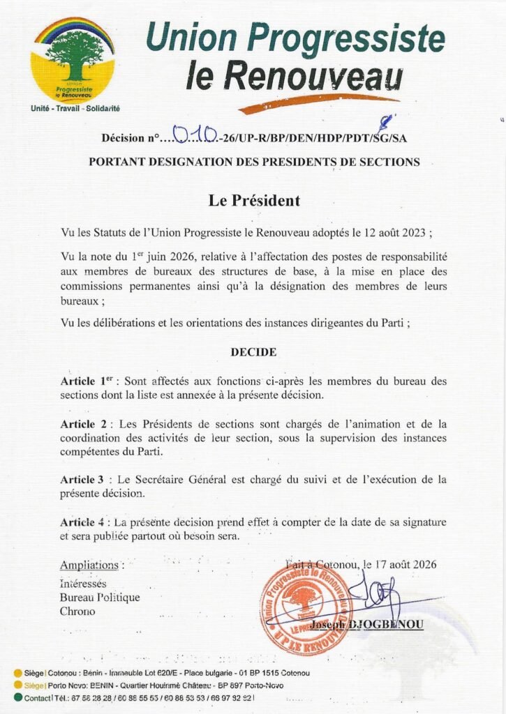 Decision UP le Renouveau designation presidents section 17 aout 2026 Joseph Djogbenou