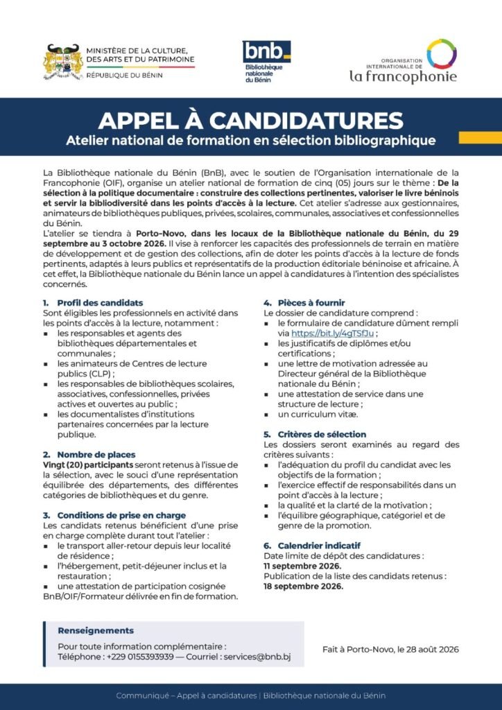 BnB OIF atelier selection bibliographique conditions 20 places prise en charge Porto-Novo 29 sept 3 oct 2026